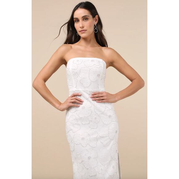 Lulus Loving Mentality White Tulle Beaded Strapless Midi Dress Cocktail XL NWT - Picture 2 of 12